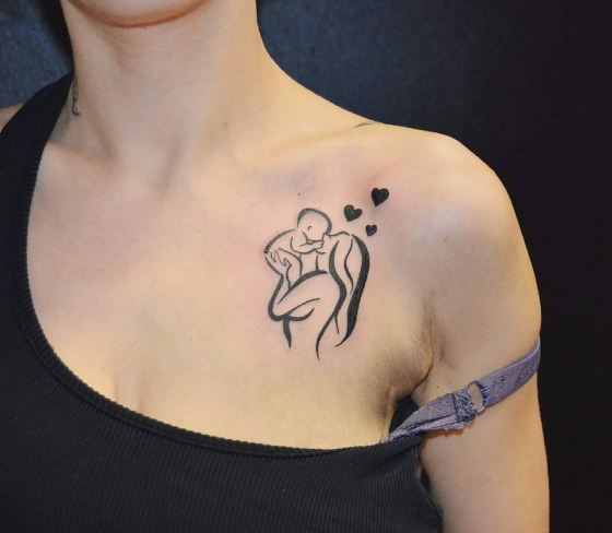 Mother And Baby Collar Bone Tattoos