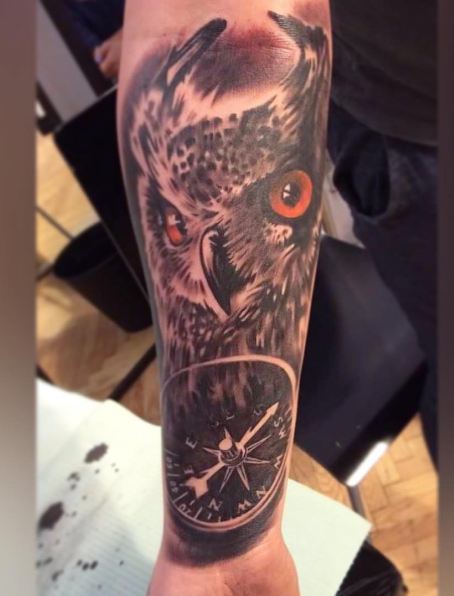 Owl With Compass Tattoos