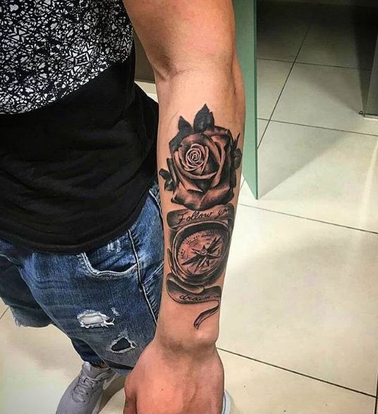 Rose With Compass Tattoos