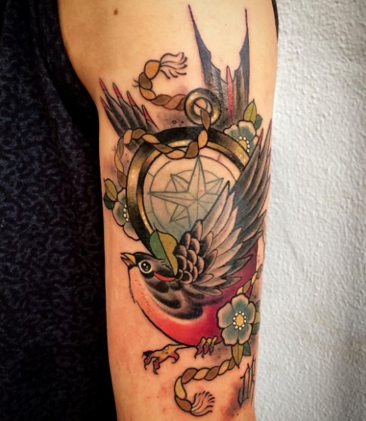 Swallow With Compass Tattoos