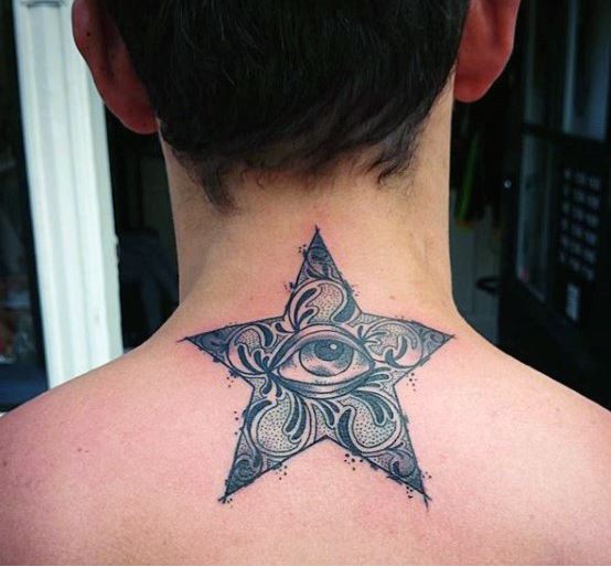 Eye And Star Back Neck Tattoos Design