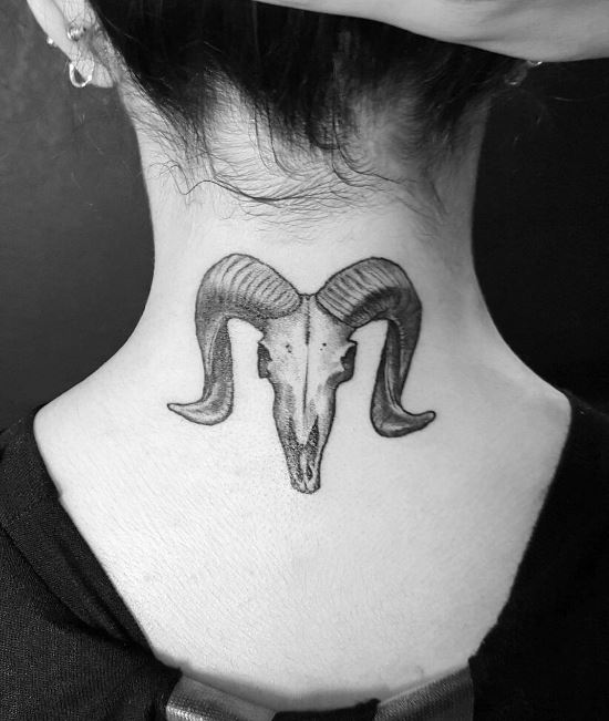 Horn Taurus Tattoo On Back Neck