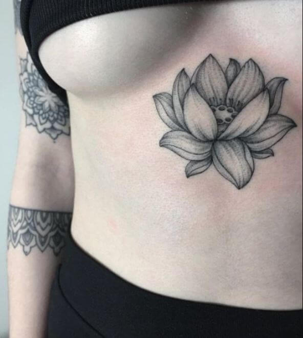 Black And Grey Lotus Flower Tattoo
