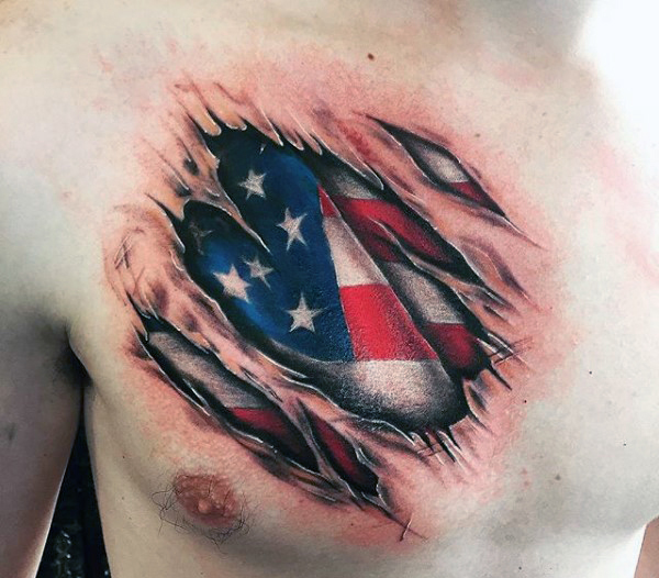 Amazing 3D Patriotic US Flag Tattoo On Chest
