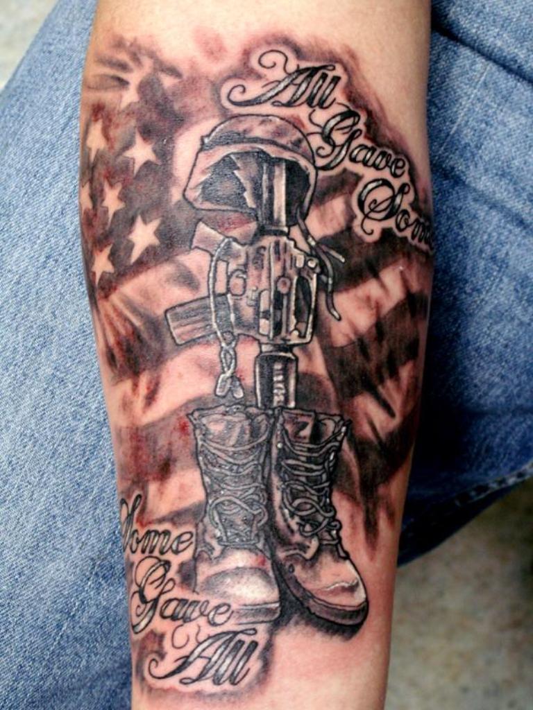 American Army Memorial Flag Tattoo On Forearm