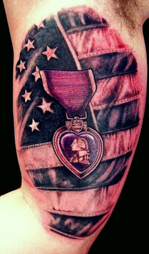 American Flag Medal Tattoo On Biceps