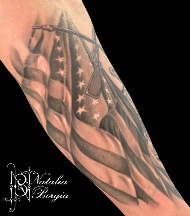 full sleeve American flag tattoo waving, distressed, 3D, traditional, triba...