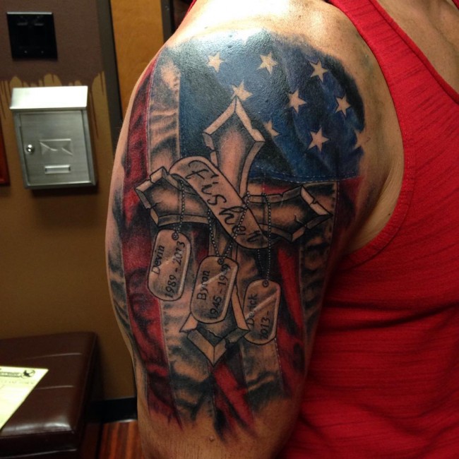 Beautiful Army Memorial Flag Tattoo On Half Sleeve