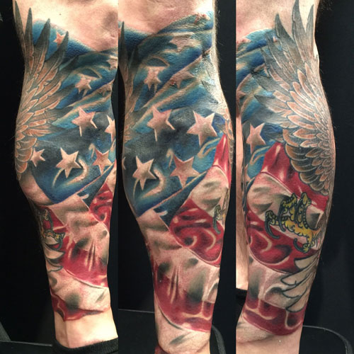 Colorful American Bald Eagle Flag Leg Tattoo Ideas