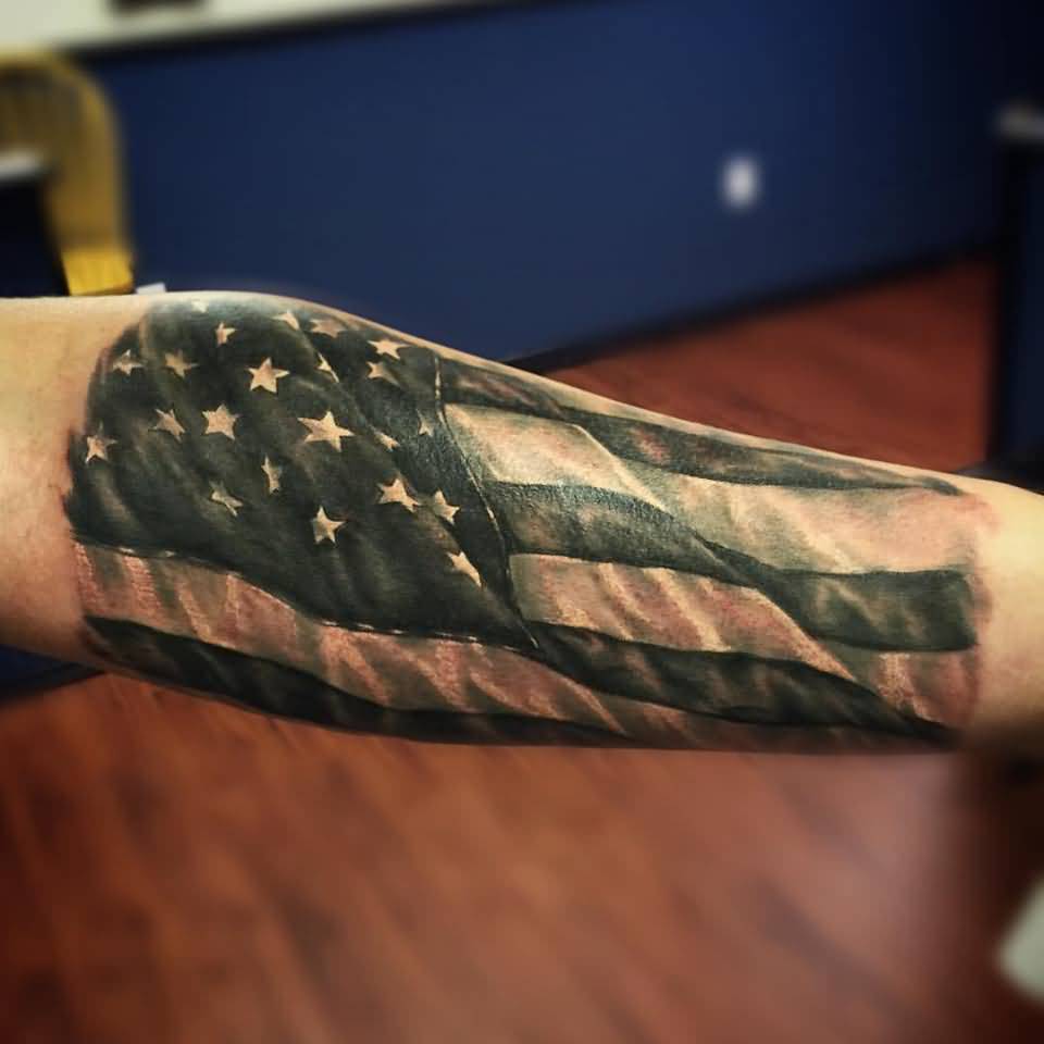 Impressive Black And Grey US Flag Tattoo On Arm Sleeve