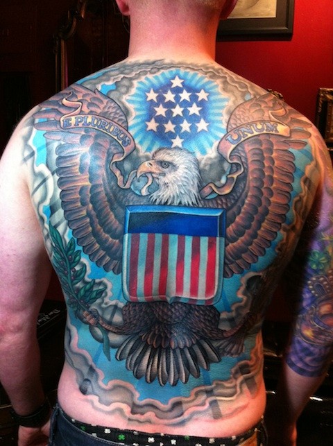 Outstanding Patriotic American Flag Tattoo On Full Back