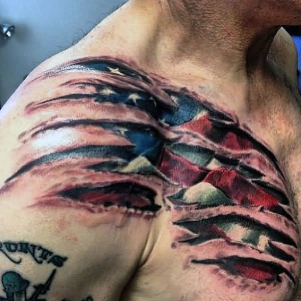 Patriotic 3D American Flag Tattoo On Chest