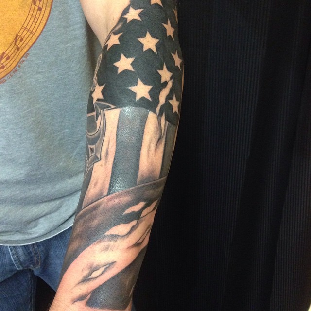 Patriotic American Flag Tattoo On Arm Sleeve
