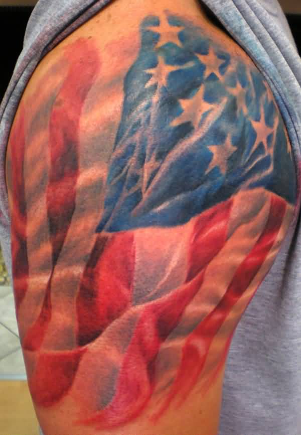 Realistic USA Flag Tattoo On Shoulder For Men