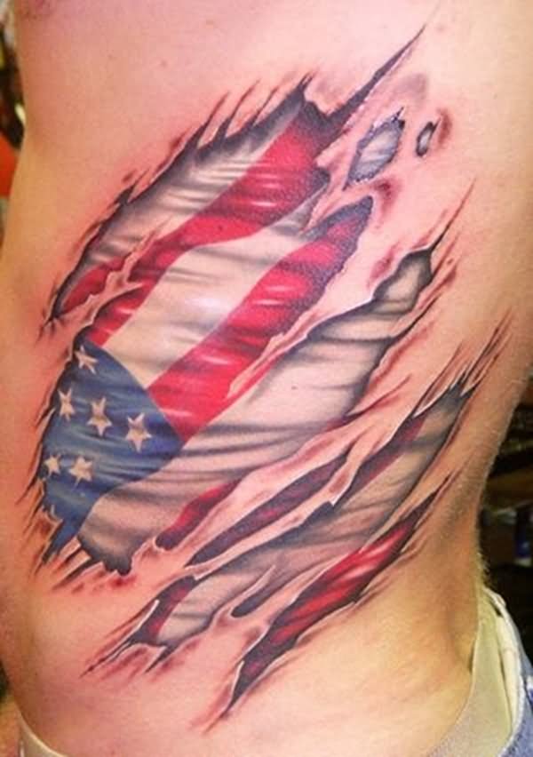 Torn Ripped Skin USA Flag Tattoo On Side Rib