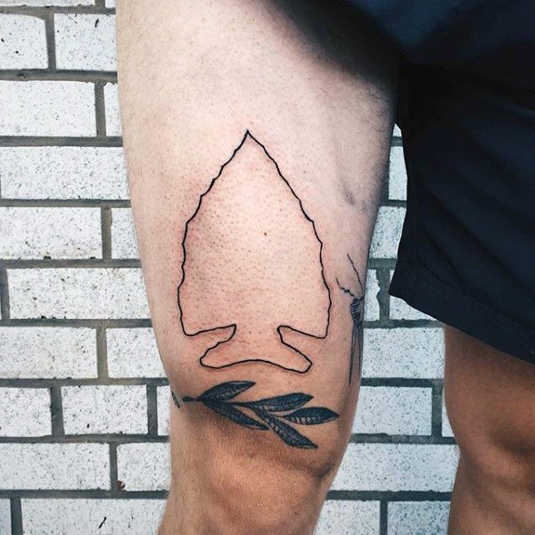Guy With Simple Arrowhead Outline And Feather Tattoo Upper Arms