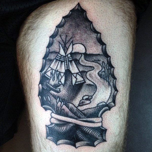 Mens Black And White Camping Arrowhead Tattoo On Arms
