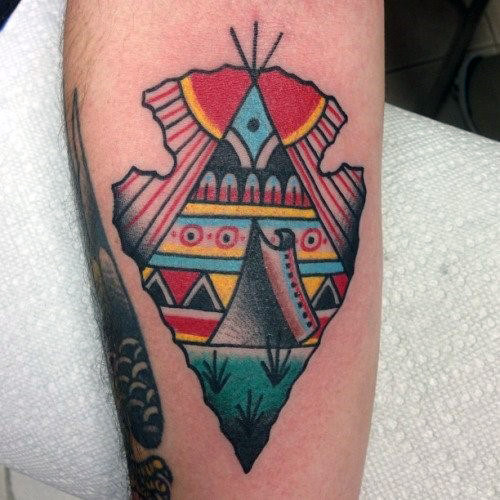 Mens Colorful Arrowhead Tattoo On Forearms For Guys