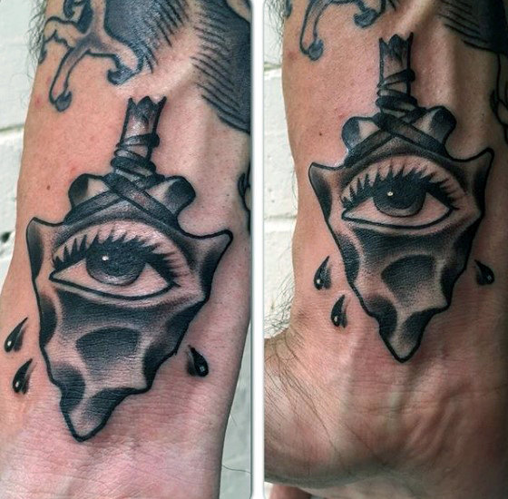 Realistic Black Eye Inside Arrowhead Tattoo On Wrist For Men