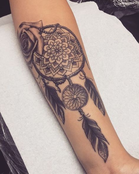 Rose With Dreamcatcher Tattoos On Arm