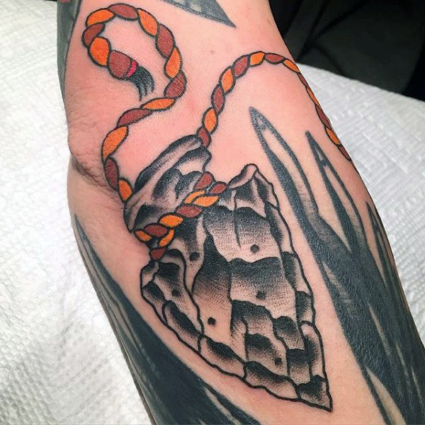 Solid Arrowhead Tattoo With Rope On Forearms For Guys
