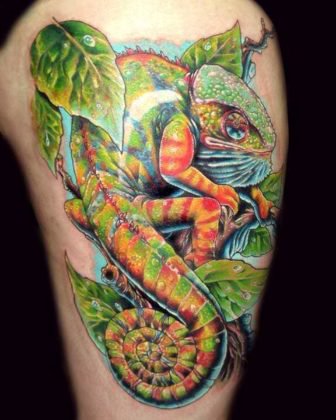 A Colorful Highly Detailed Tattoo Design Of A Chameleon Lizard With A Curled Tail 336x420