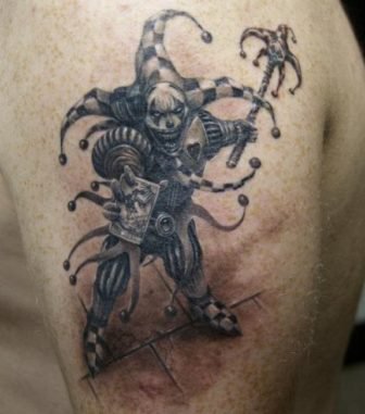 A Medieval Fantasy Jester Gets An Evil Grin In This Black And White Tattoo By Robert Litcan 336x381