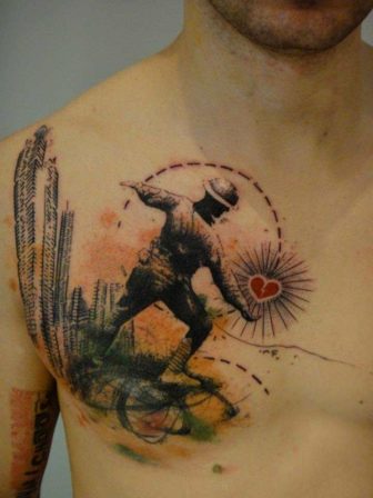 A Soldier Throws A Heart At City Buildings In This Artistic Abstract Tattoo By Xoil 336x448