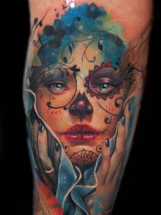 An Incredible Tattoo By Alex De Pase Of A Pretty Girl Wearing Sugar Skull Face Paint For The Day Of The Dead