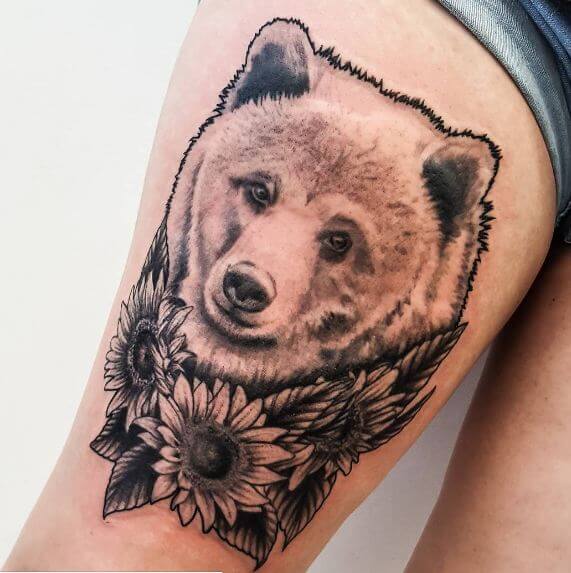 Bear With Sunflower Tattoos