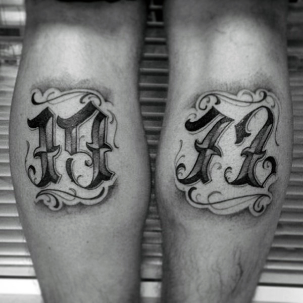 Gentleman With Ornate Numbers Leg Calf Tattoo