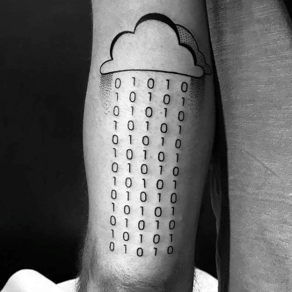 Gentleman With Zeros And Ones Numbers Rain Cloud Tricep Tattoo