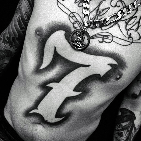 Manly Guys Numbers Negative Space 7 Tattoo On Chest