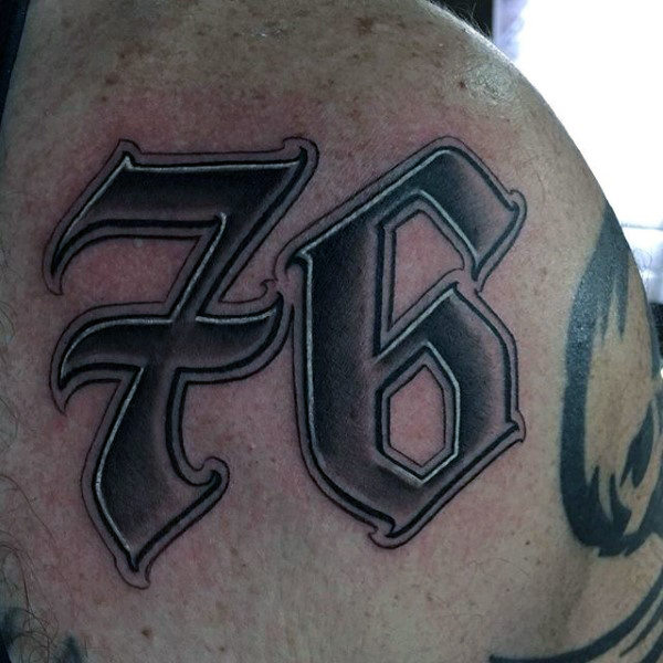 Shaded With White Ink Mens Numbers 76 Shoulder Tattoo