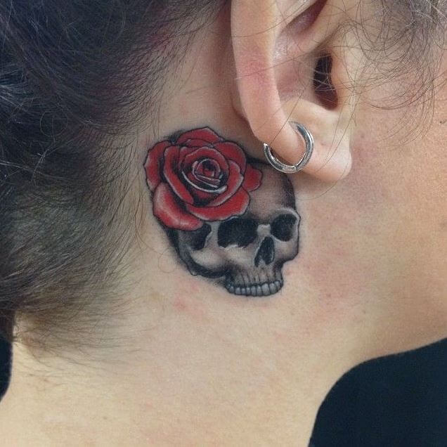Sugar Skull Tattoo Behind The Ear