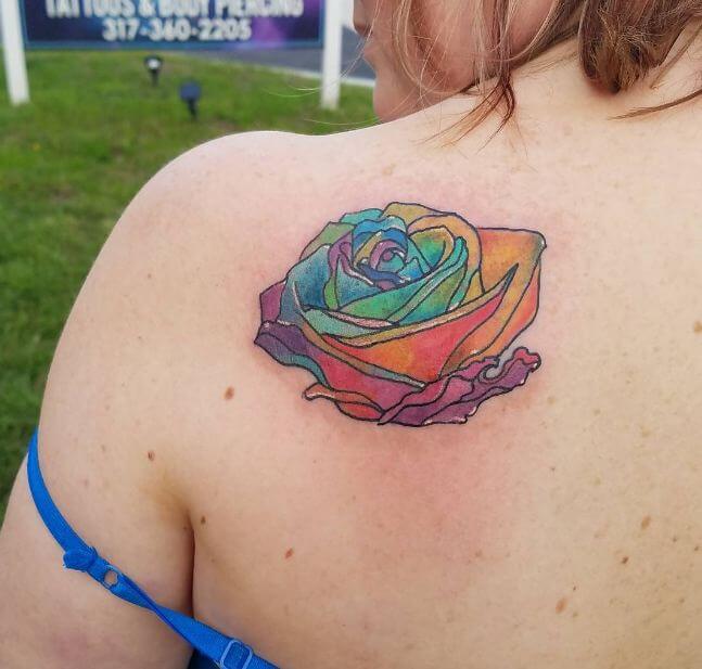 Rainbow Rose Girly Tattoos On Shoulder Back