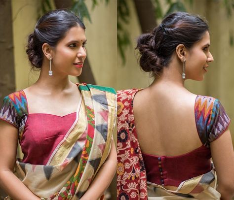 plain saree with kalamkari blouse online