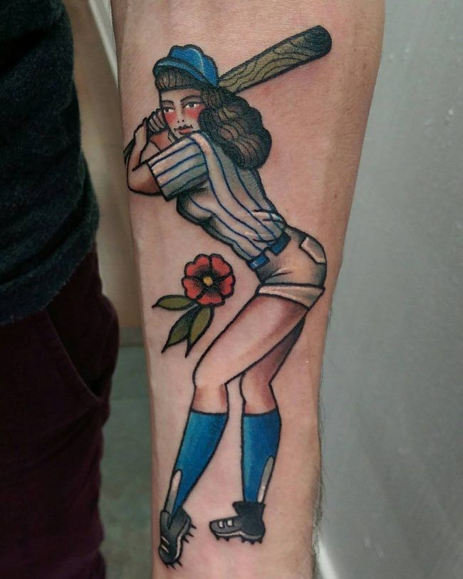 Baseball Tattoo Player Cross Bat (204)