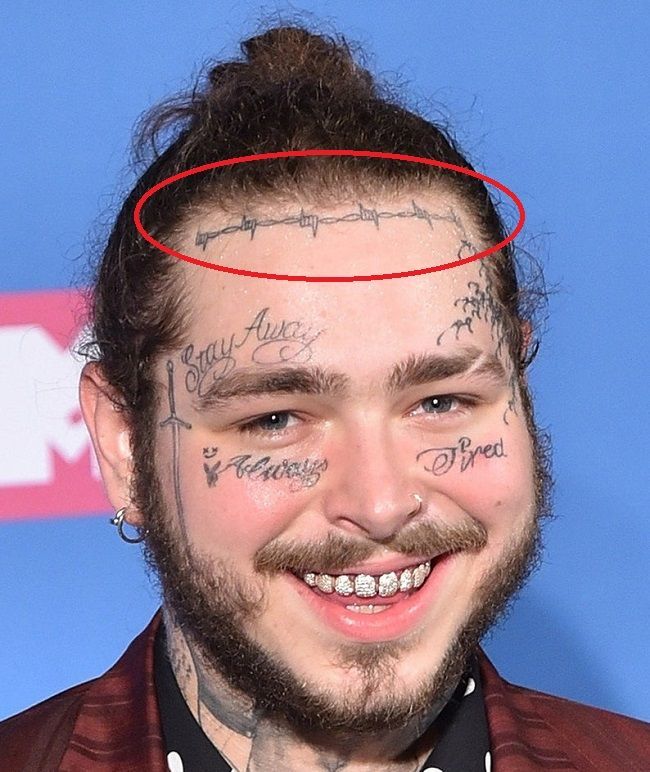 2 Post Malone Barbed Wire Tattoo On Forehead